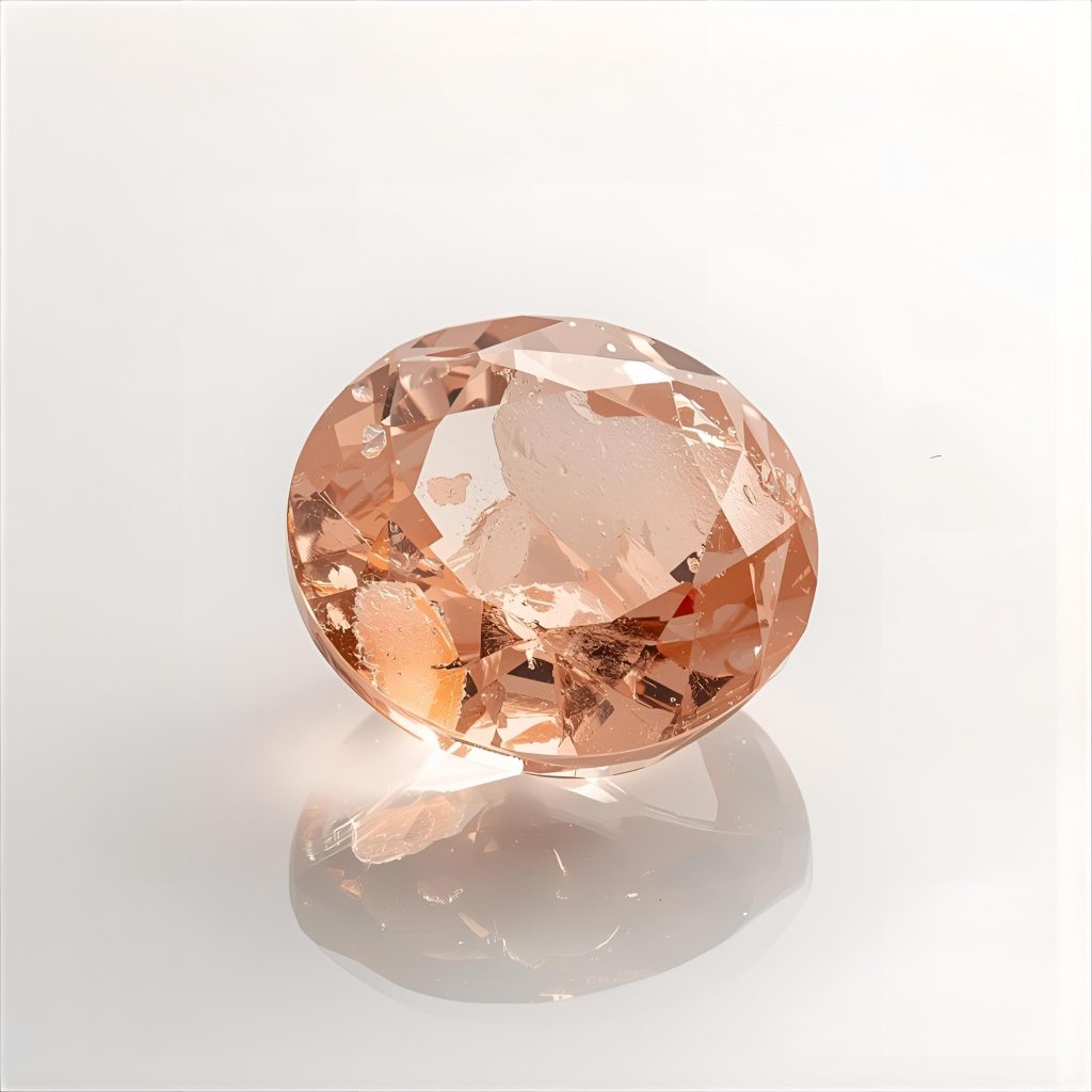 Loose peach sapphire gemstone on a reflective surface