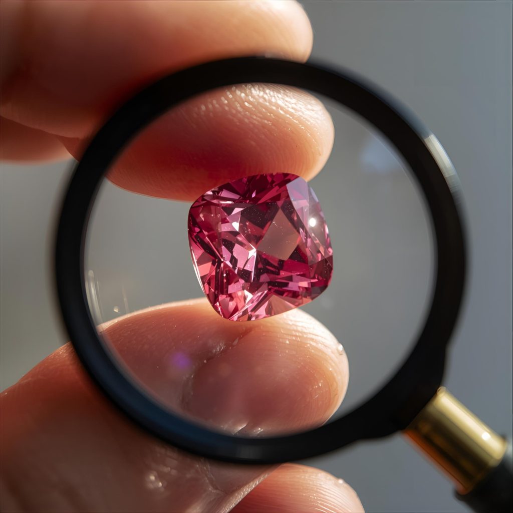 Gem dealer inspecting pink tourmaline with jeweler’s loupe