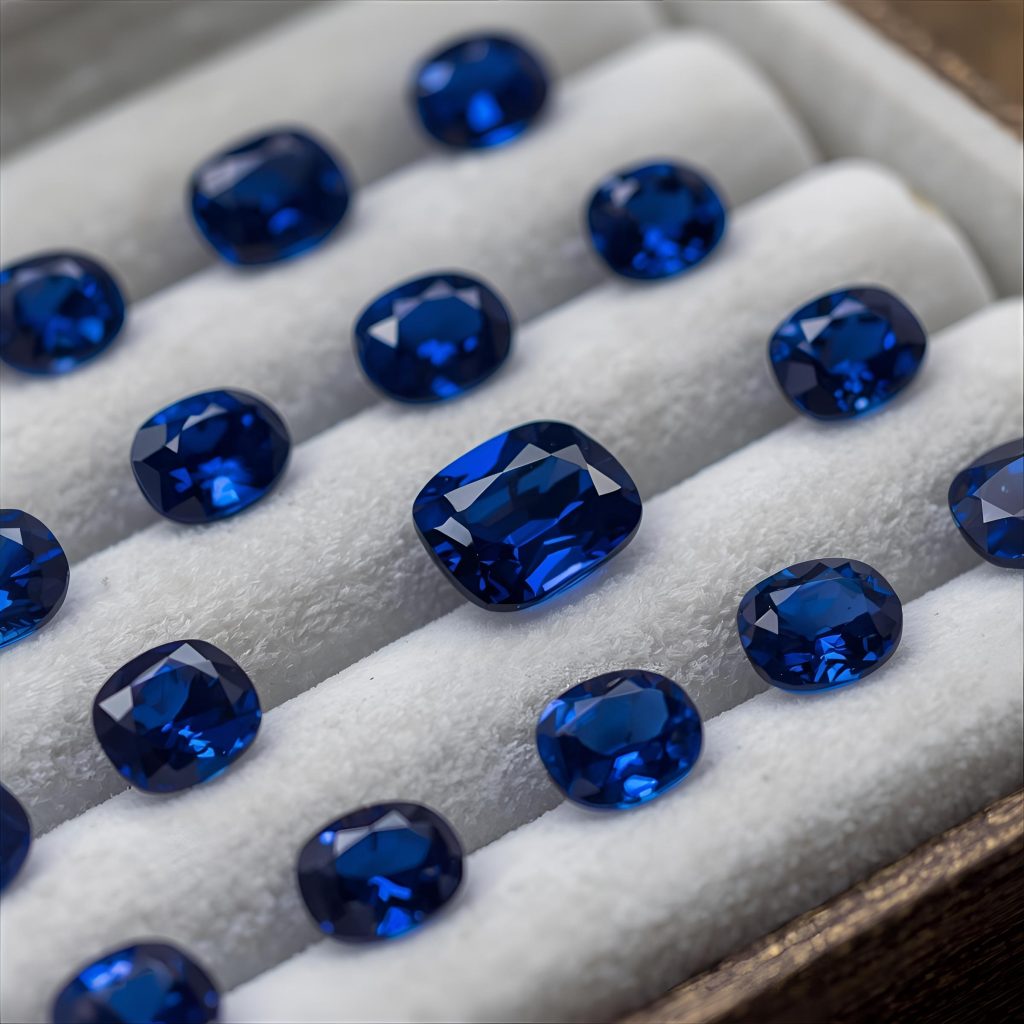 Collection of loose Ceylon sapphire gemstones displayed for selection
