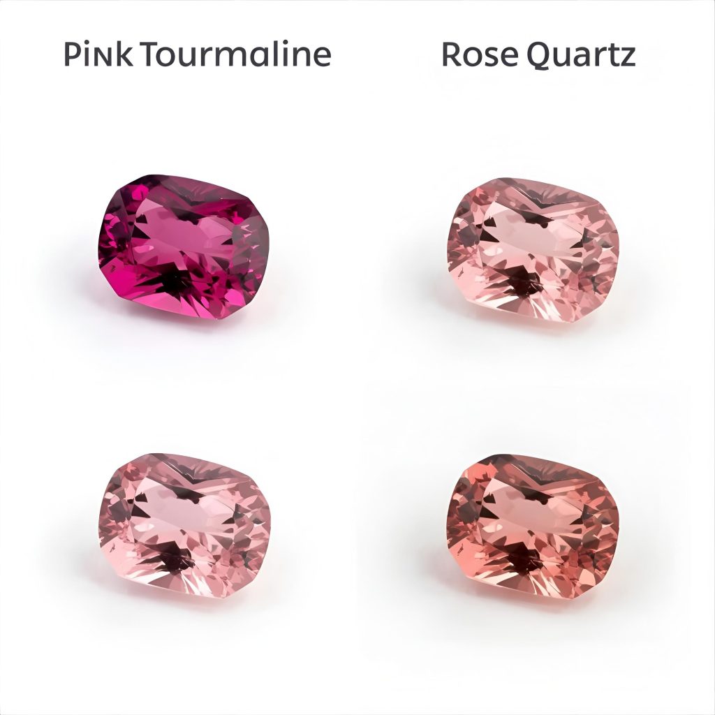 Pink tourmaline compared with rose quartz, morganite, kunzite