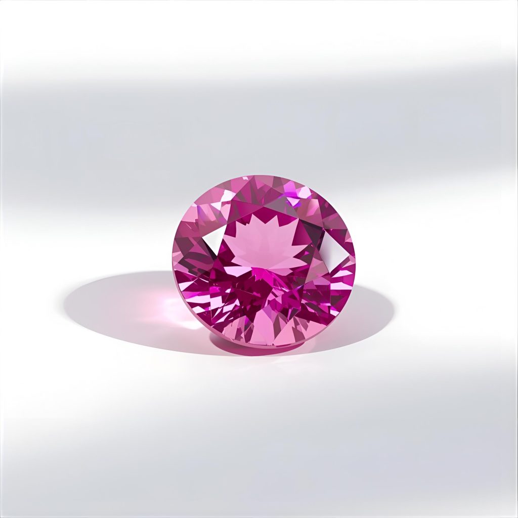 Loose vivid pink sapphire gemstone on white background