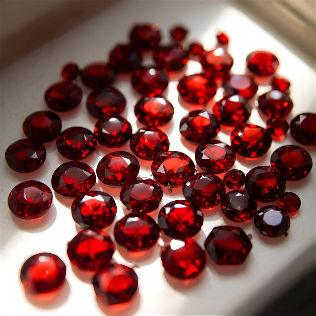 A group of loose garnets in different shapes and cuts (round, oval, cushion), arranged in a jewelry tray under bright light.