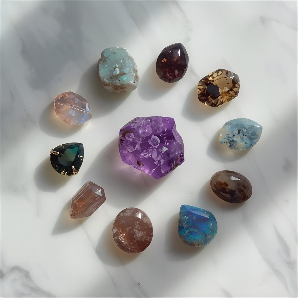 Assorted rare gemstones including Taaffeite and Vesuvianite.