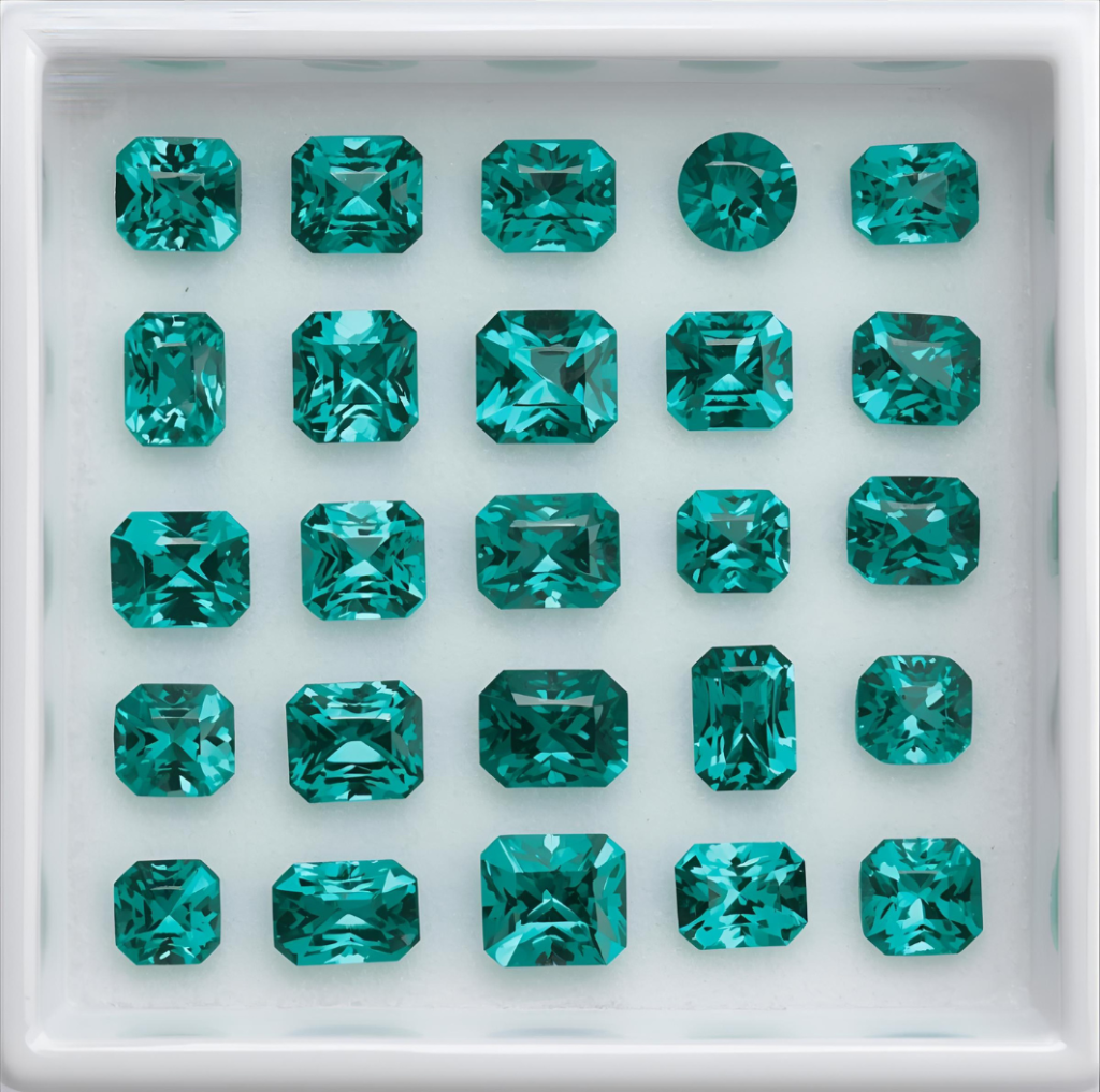 Flat lay of certified Paraiba Tourmaline gemstones on a white gem tray with GIA certificate beside them, price tags visible, elegant professional display style.