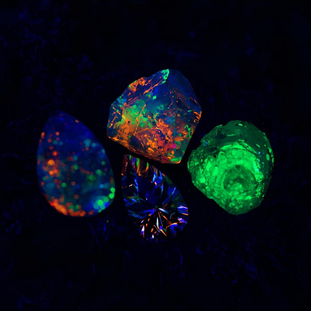 Fluorescent rare gemstones glowing under UV light