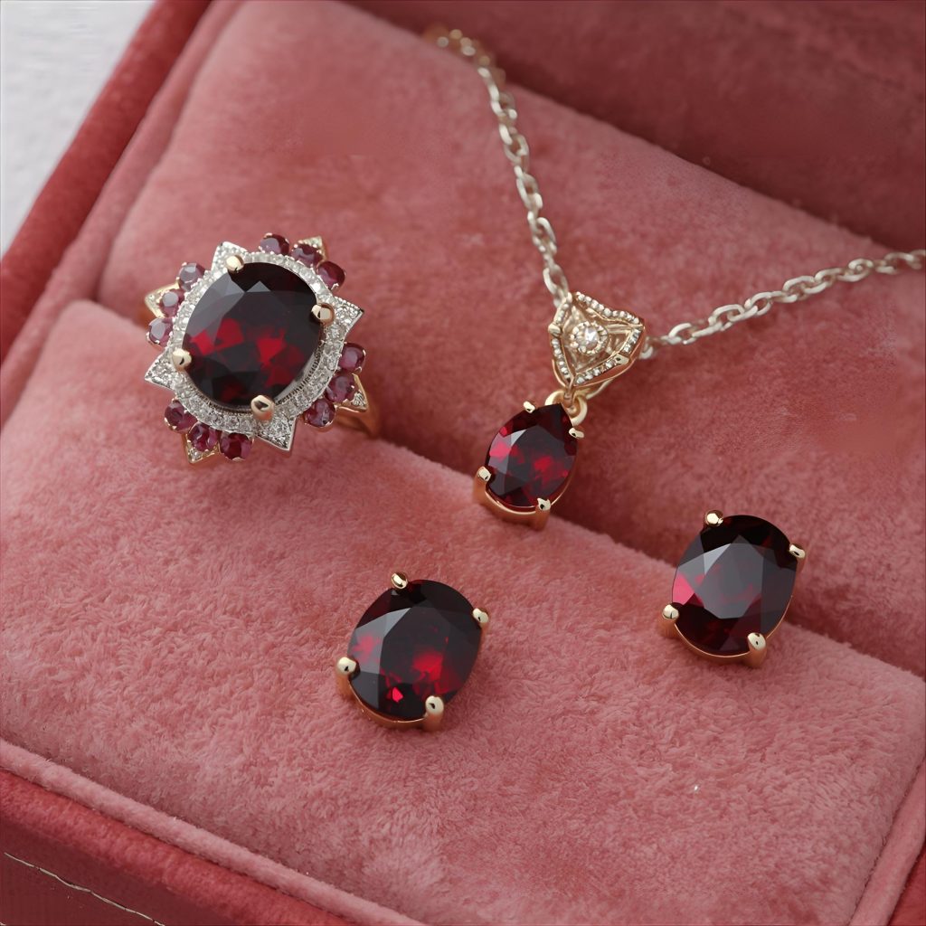 Garnet jewelry set including ring, pendant, and earrings.