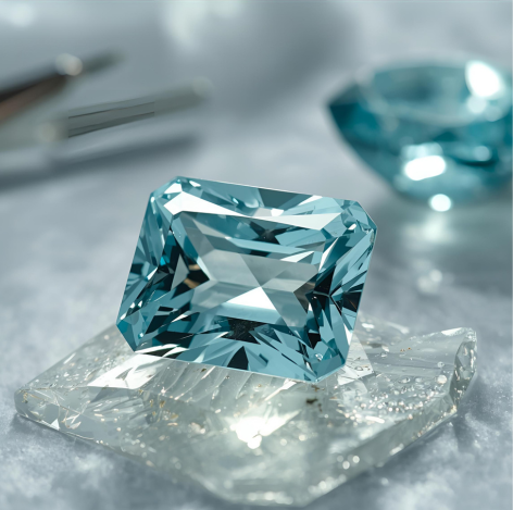 Gemologist inspecting aquamarine gemstone for authenticity.