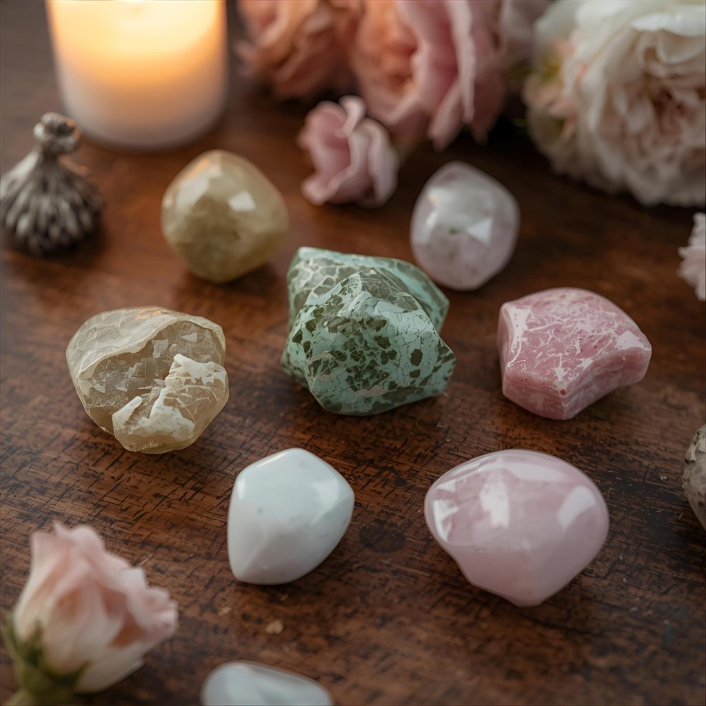 Healing gemstones including vesuvianite, prasiolite, dendritic opal, and pink fluorite used for metaphysical energy and crystal therapy.