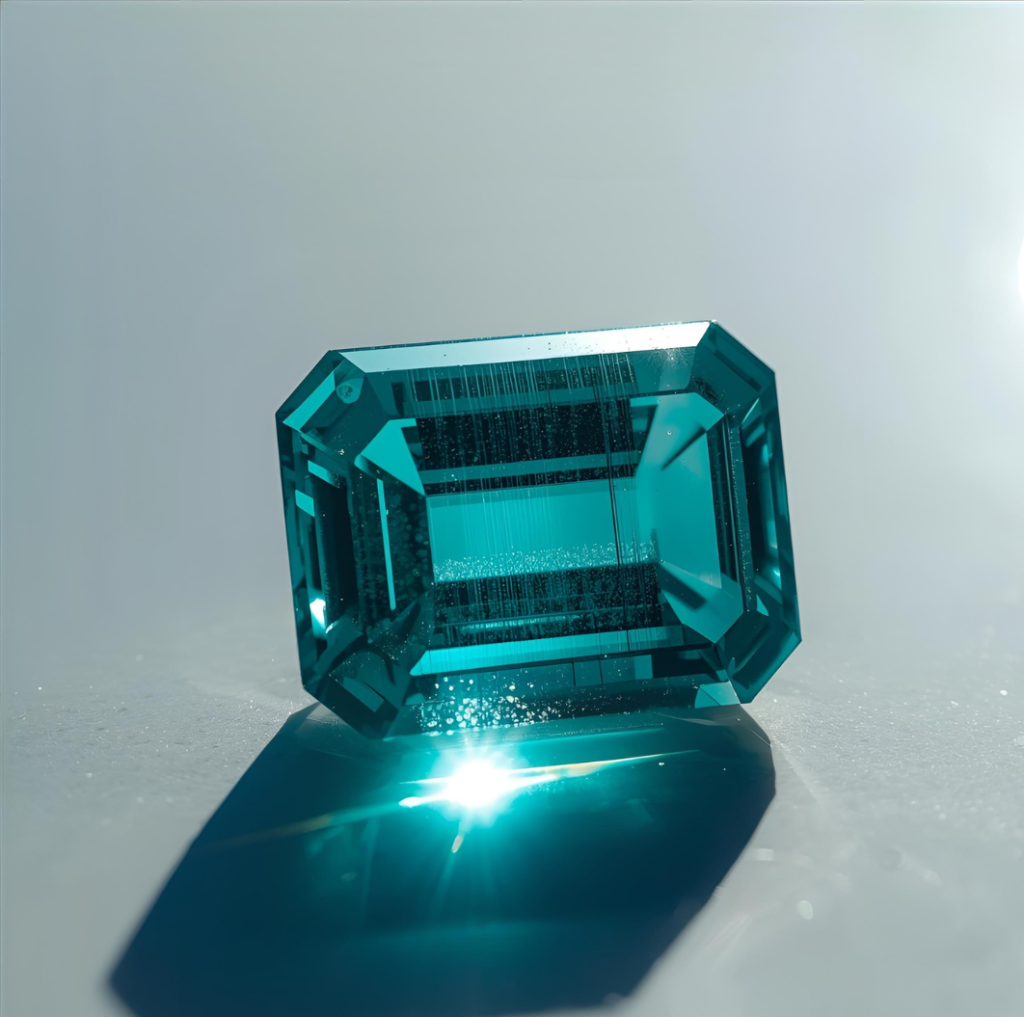 Macro shot of a single Paraiba Tourmaline gemstone shining in sunlight, placed on a reflective surface with its neon glow visible. High clarity, focus on electric color.
