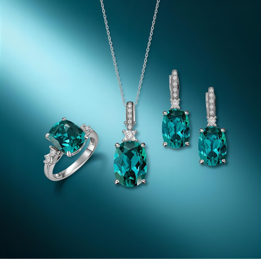 Paraiba Tourmaline jewelry set with diamonds.