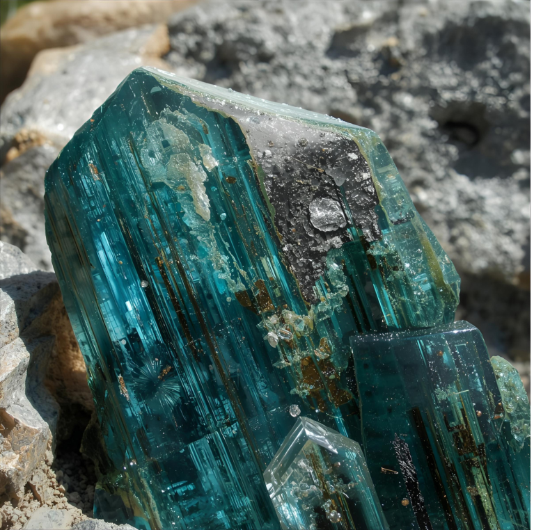 Raw Paraiba Tourmaline crystals with turquoise-blue veins.