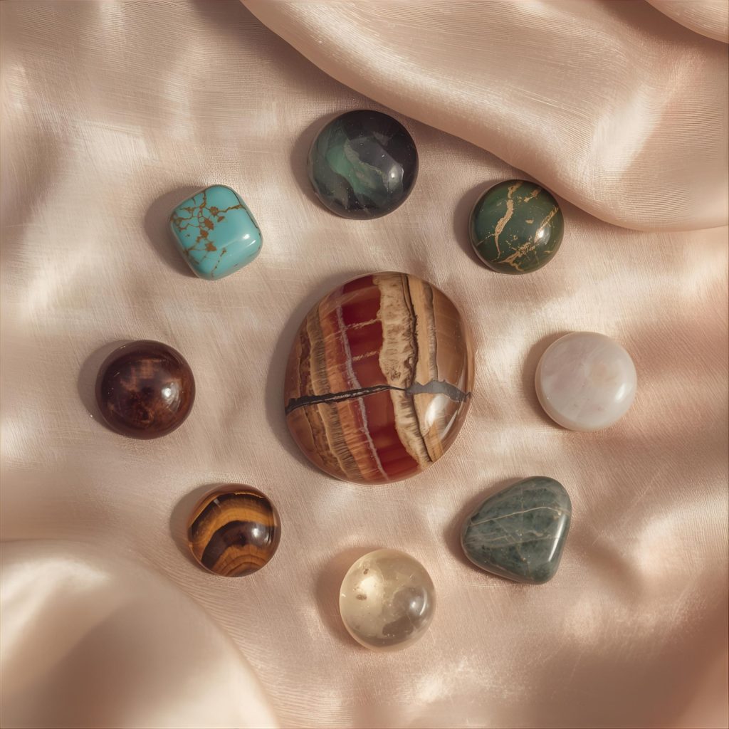 Symbolic gemstones like turquoise, jasper, and tiger’s eye representing cultural and Vedic gem meanings on a silk background.