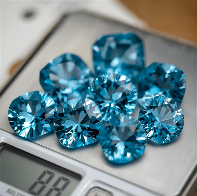 Various blue topaz gemstones showing different shades and price value per carat.