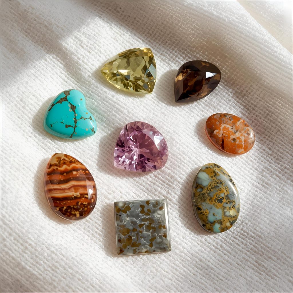Various gemstone cuts and shapes showcasing their meanings and brilliance.