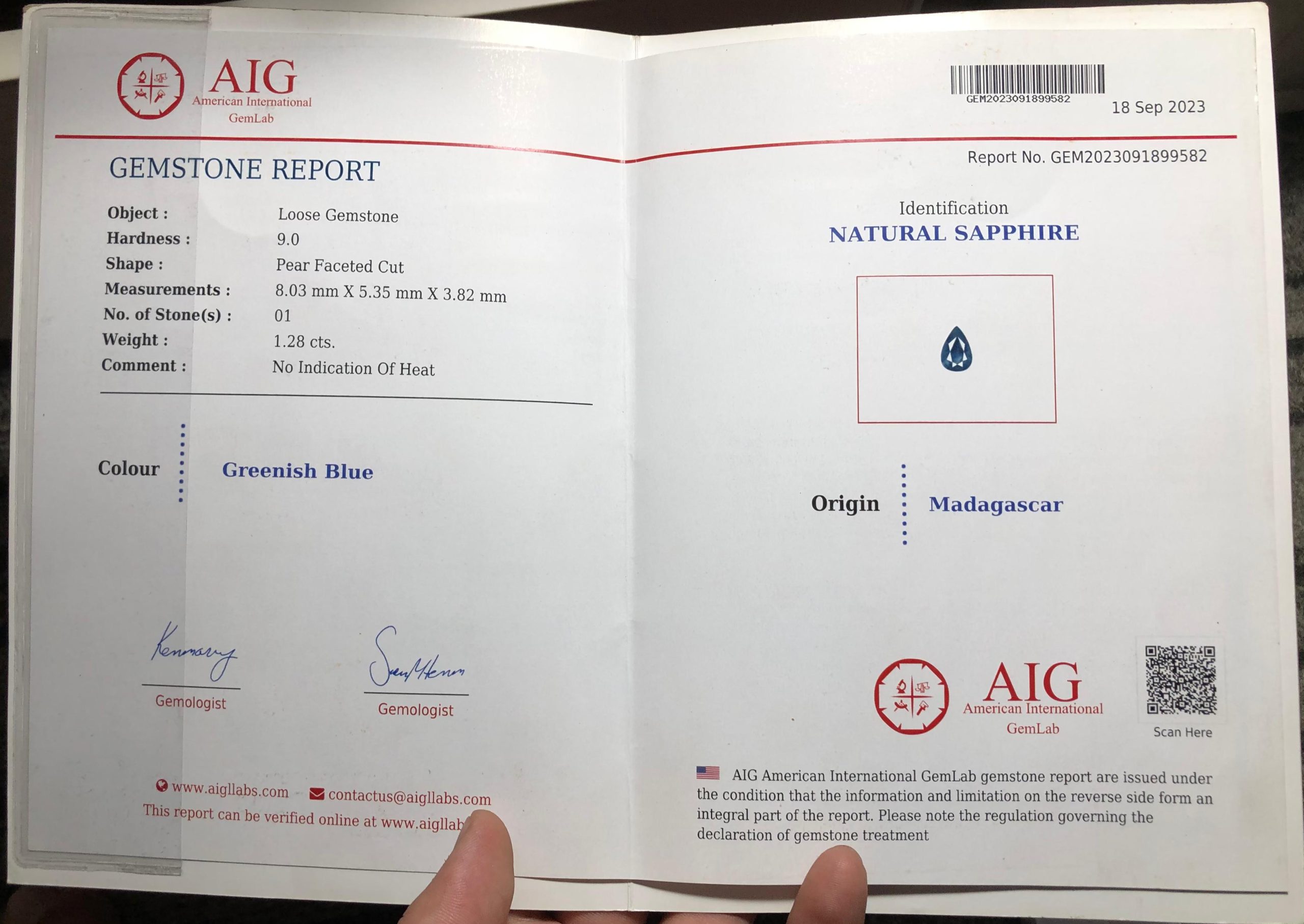 Loose Unheated Natural Sapphire 1.28 Carat Pear Shape from Madagascar – AIG Certified